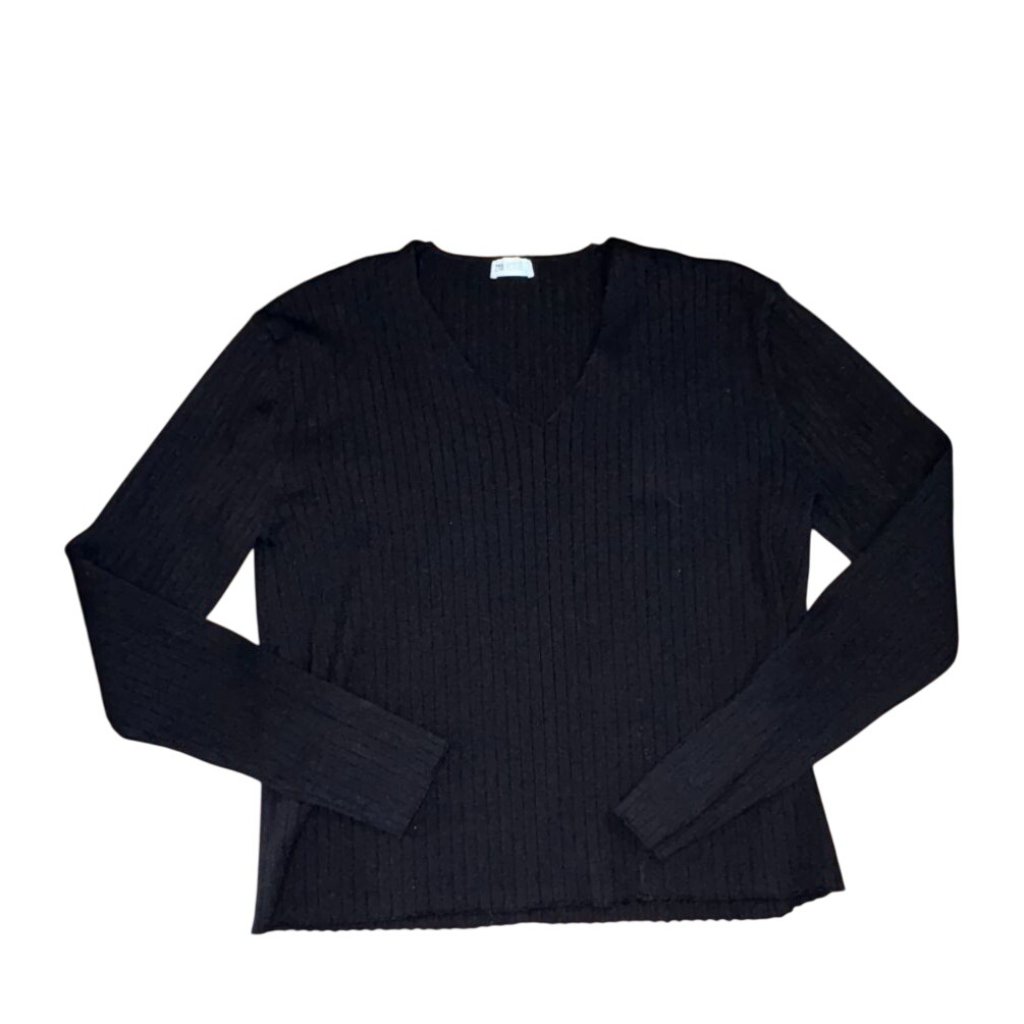 Zyia Active Ribbed Knit Long Sleeve V-Neck Blouse-Black-L-Guc